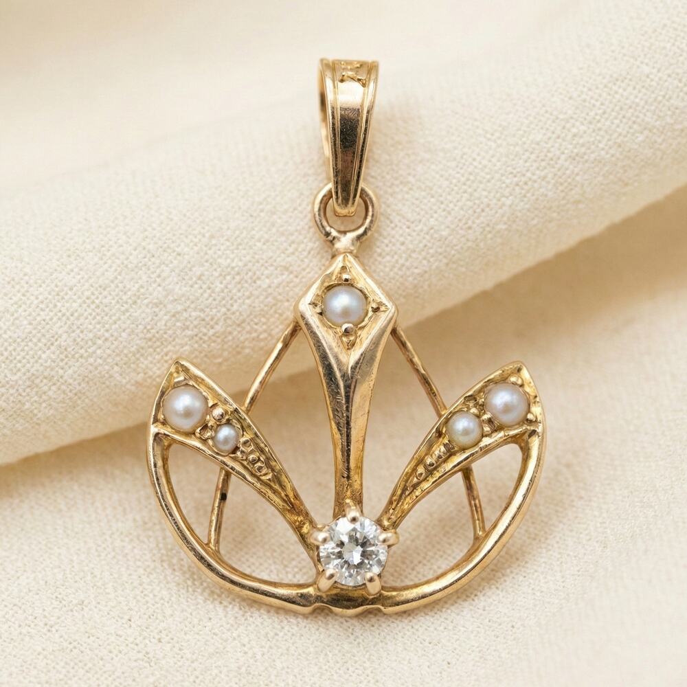 Art Deco 10k Gold Diamond Pearl Openwork Pendant